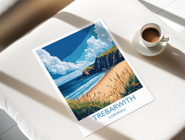 Trebarwith Travel Print, Travel Poster of Trebarwith, England, Cornwall Art, Trebarwith Art Lovers Gift, Wall Art Print
