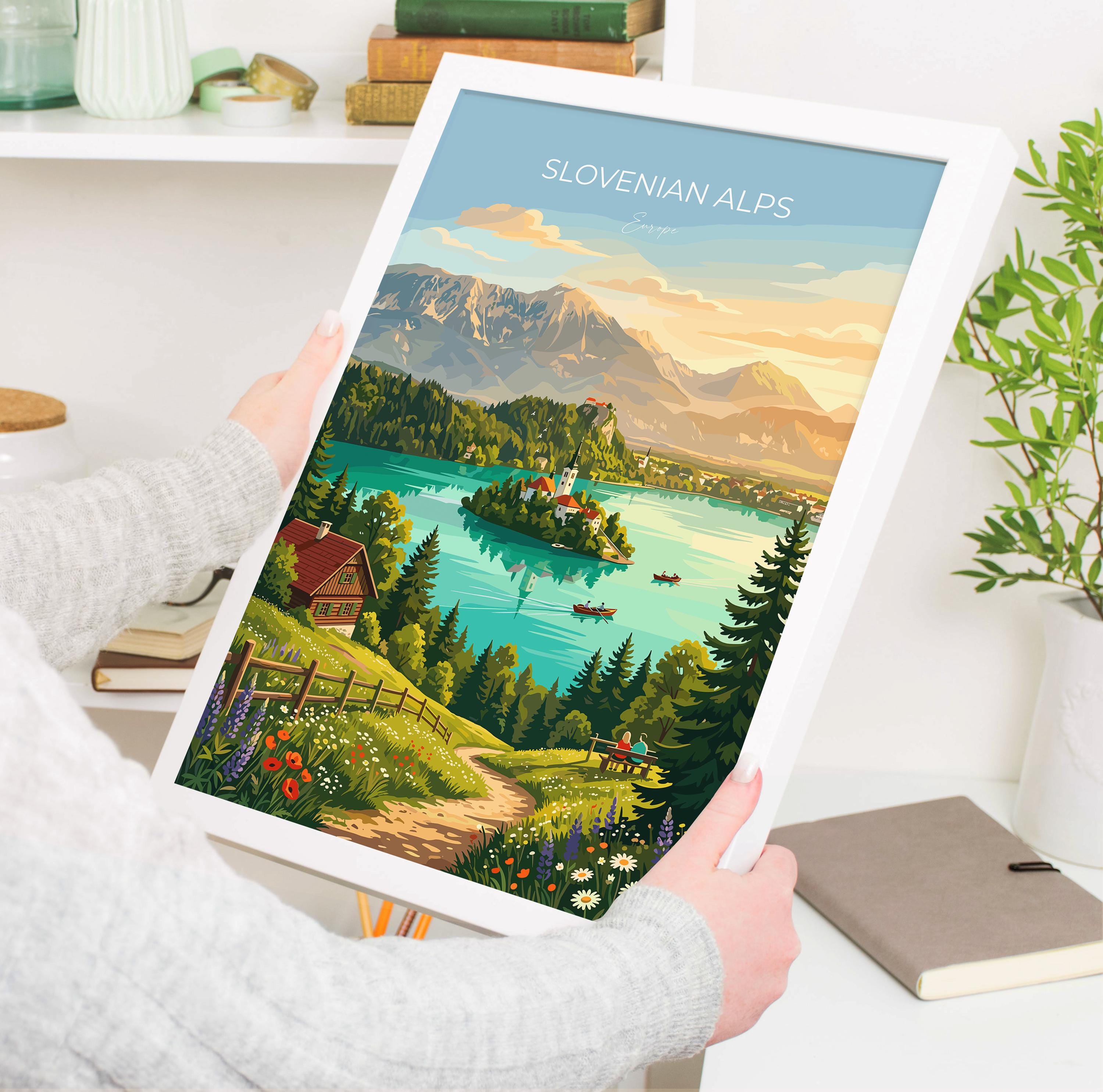 Slovenian Alps Travel Print, Lake Bled Wall Art, Julian Alps Landscape Poster, Bled Island Church Illustration, Vintage Europe Decor