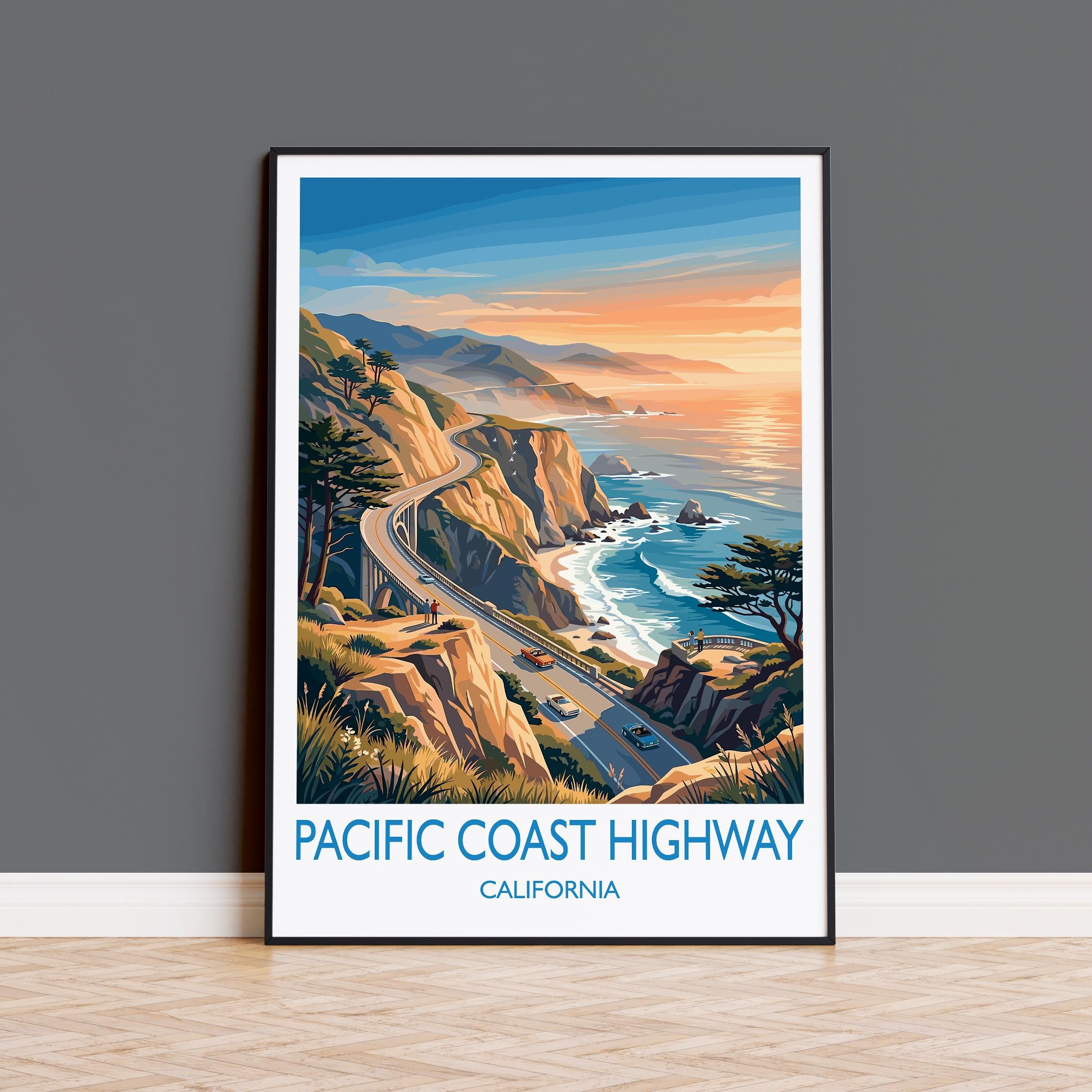 Pacific Coast Highway Travel Poster, California Coast Wall Art, Big Sur Scenic Drive Print, Highway 1 Illustration, Vintage Style USA Decor