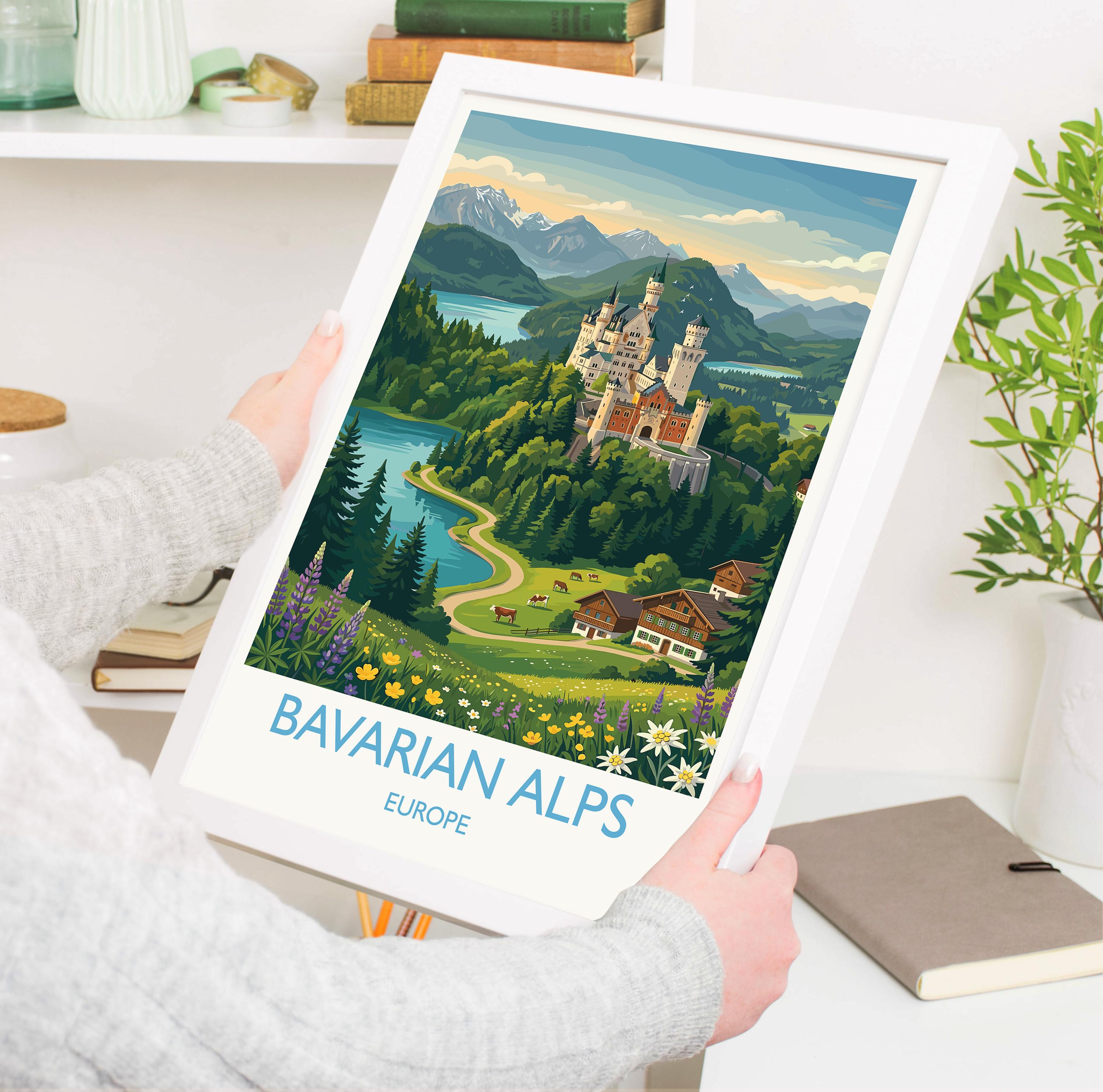 Bavarian Alps Travel Poster, Neuschwanstein Castle Wall Art, Bavaria Germany Print, Alpine Mountain Landscape Illustration, Europe Decor