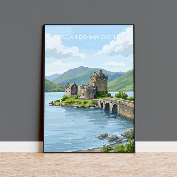 Eilean Donan Castle Scotland Travel Print, Scottish Highlands Castle Wall Art, Landscape Poster, Iconic Scotland Illustration, UK Decor