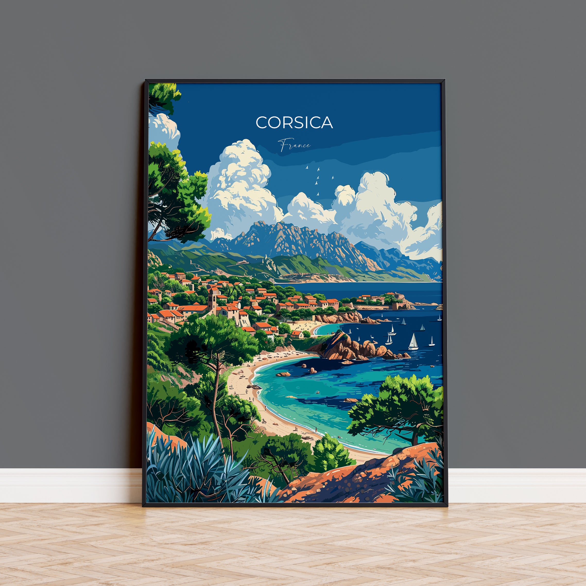 a painting of a beach with a mountain in the background
