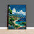 a painting of a beach with a mountain in the background