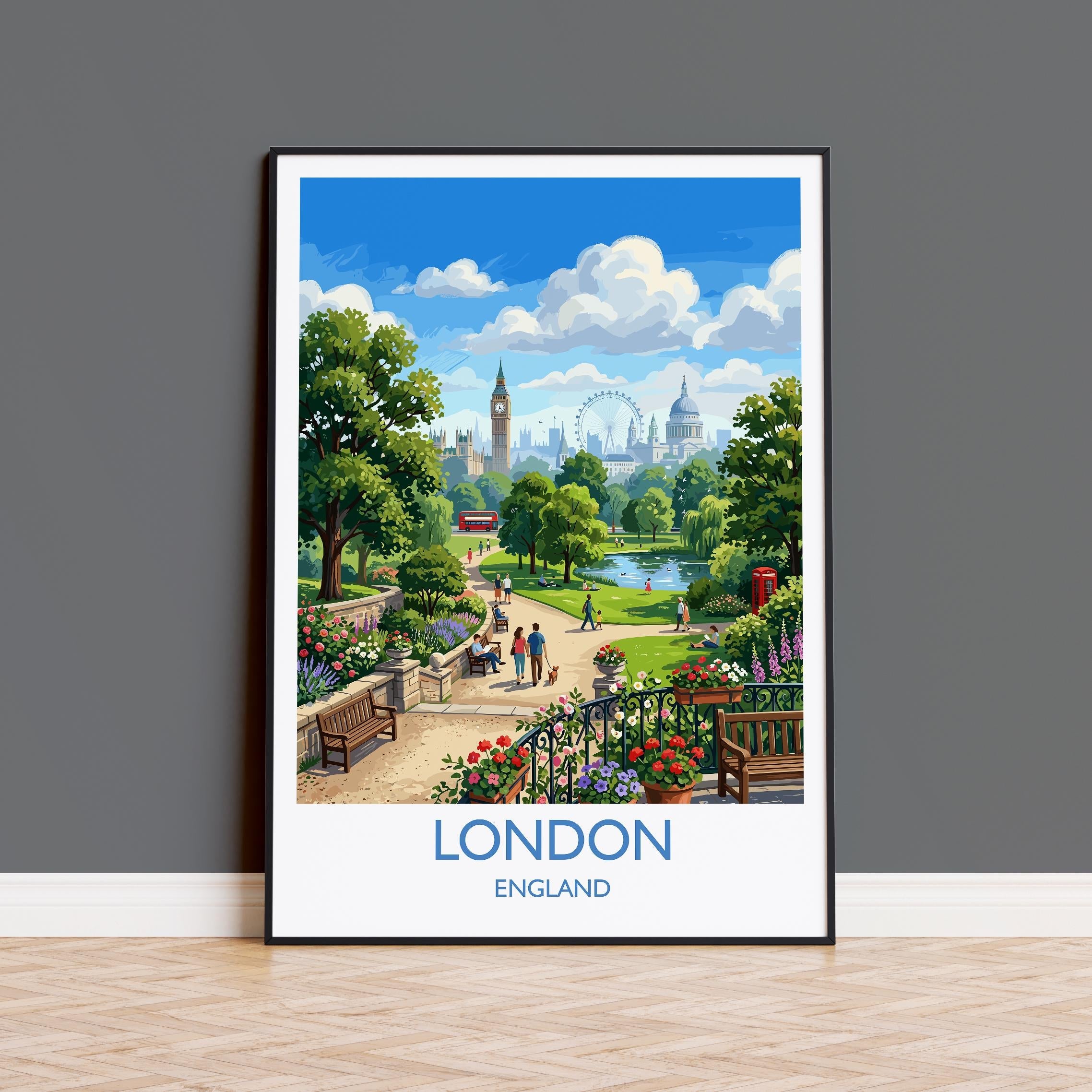 London Skyline Travel Poster, Big Ben & London Eye Wall Art, St Paul’s Cathedral Print, Vibrant Park Scene Illustration, Vintage Style Decor NQ Media Designs
