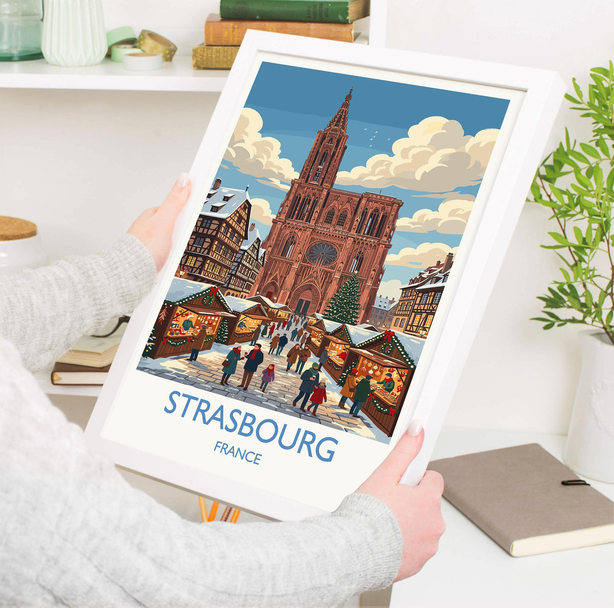 Strasbourg Christmas Market Print, Alsace Winter Wall Art with Border, Petite France Poster, France Festive Travel Print, Strasbourg Gift