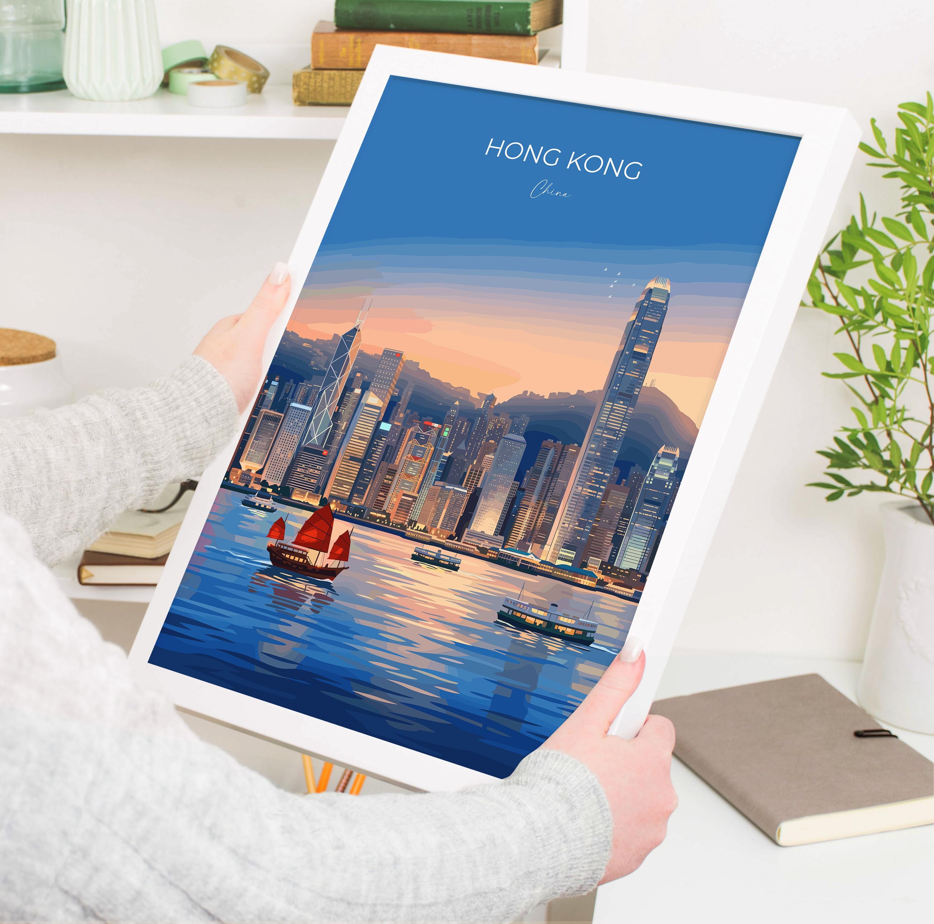 Hong Kong Travel Print, Victoria Harbour Wall Art, Hong Kong Skyline Poster, Star Ferry Illustration, Vintage Style Asia City Decor