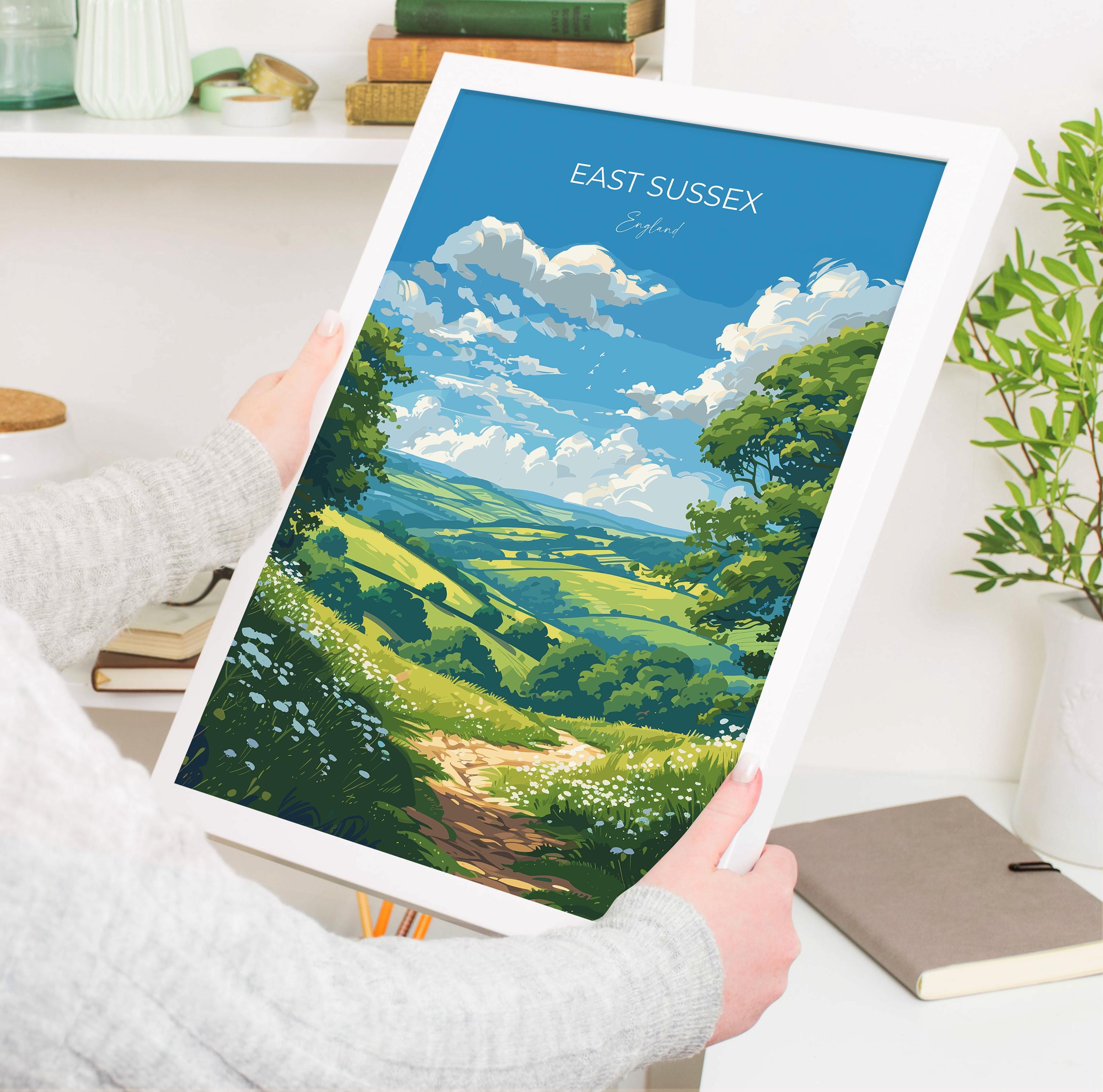 East Sussex Travel Print Wall Art, East Sussex Travel Poster, English Countryside Art Gift, Wall Art Print NQ Media Designs