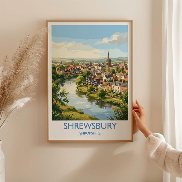 Shrewsbury Travel Poster, River Severn Wall Art, Shrewsbury Town Print, Historic Church Illustration, Shropshire Landscape, UK Decor