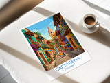 Cartagena Colombia Travel Poster, Colourful Old Town Street Art, Cartagena Street Scene Print, Caribbean Travel Wall Art, Vintage Style Art