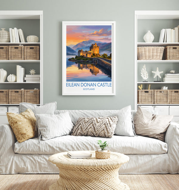 Eilean Donan Castle Scotland Travel Poster, Scottish Highlands Castle Sunset Wall Art, Landscape Print, Iconic Scotland Illustration,