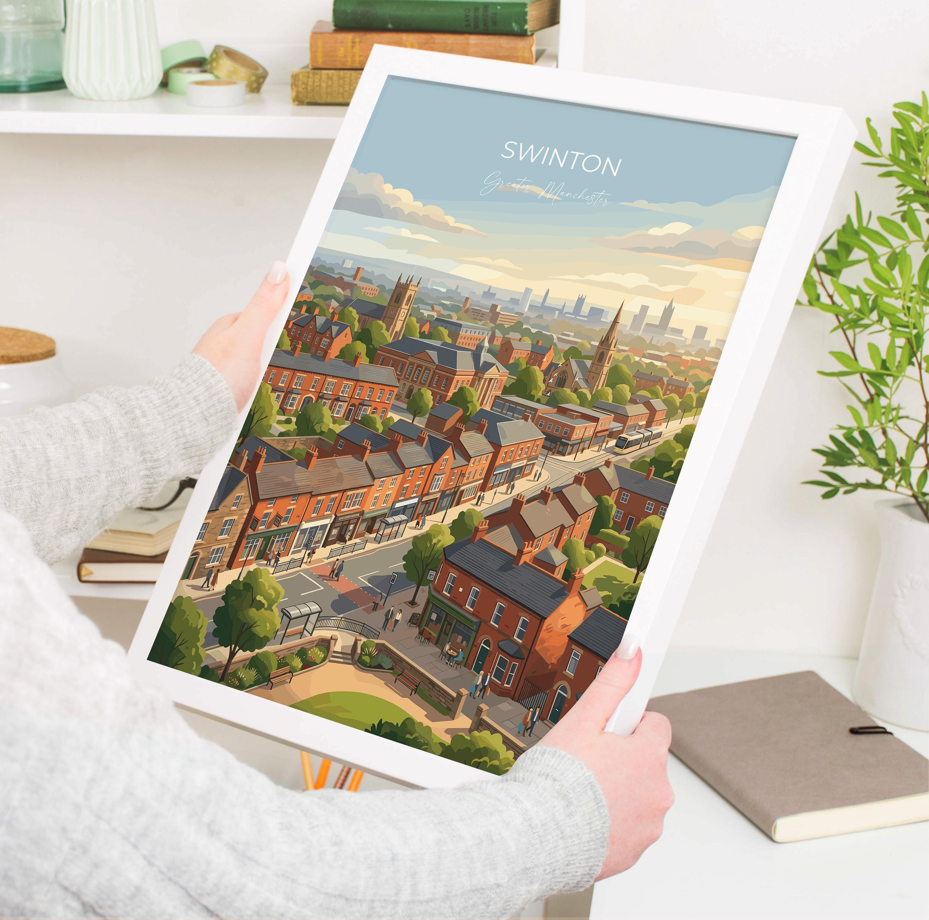 Swinton Travel Print, Manchester Wall Art, Greater Manchester Poster, Modern Skyline Illustration, Vintage Style UK Decor