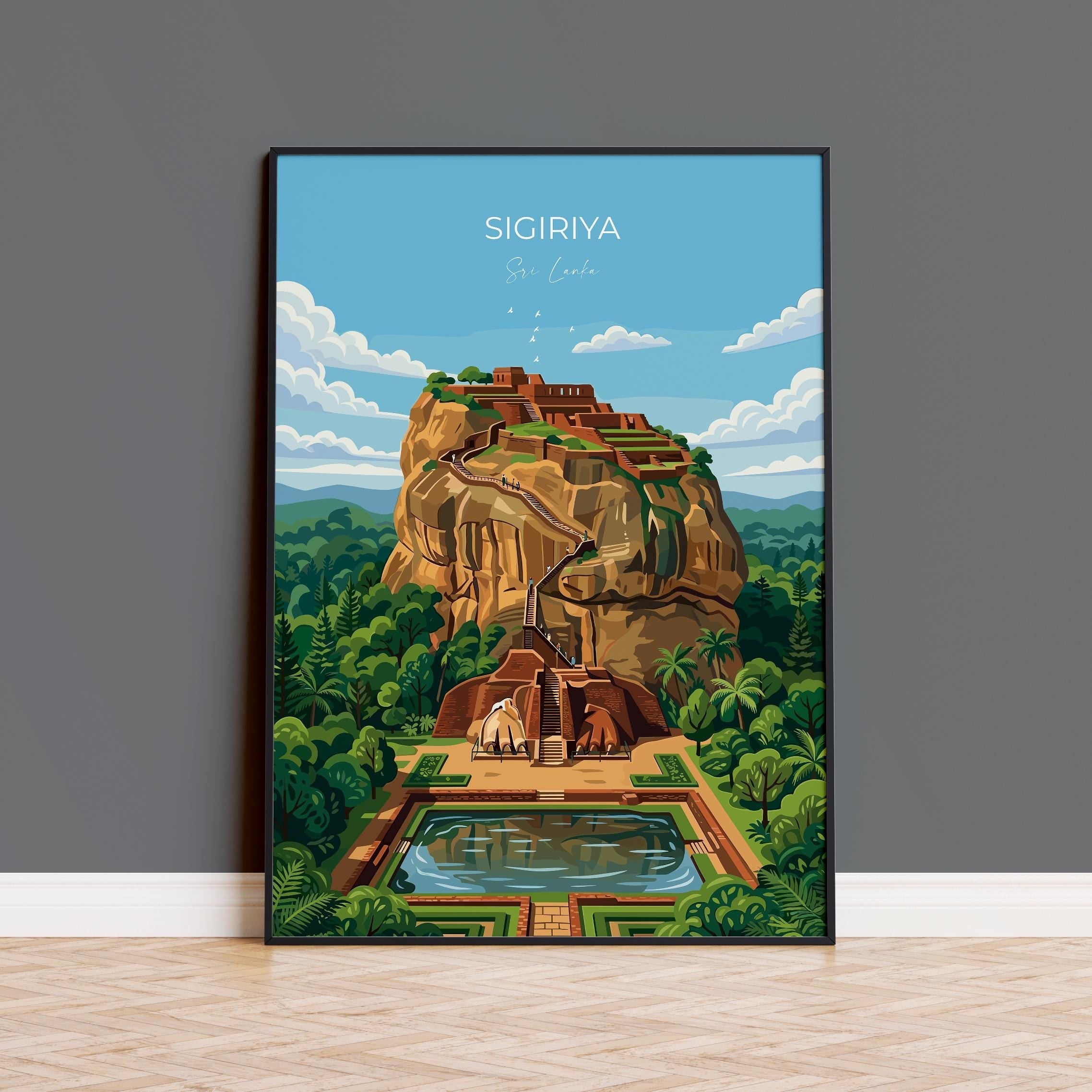 Sigiriya Sri Lanka Travel Poster, Lion Rock Wall Art, Tropical Jungle Print, Vintage Style Asian Travel Decor, UNESCO Heritage Gift NQ Media Designs