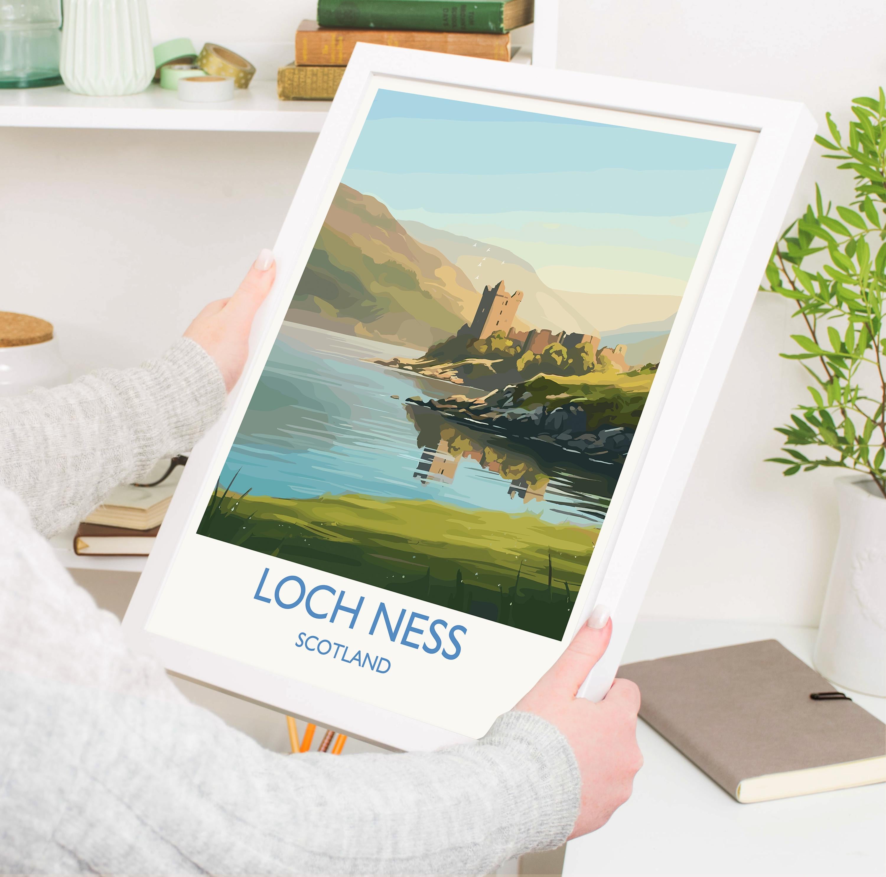 Loch Ness Scotland Travel Poster, Scottish Highlands Wall Art, Loch Ness Landscape Print, Scenic Nature Illustration, Vintage Style UK Decor