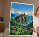 Bhutan South Asia Travel Print Himalayan Mountains Wall Art, Tiger's Nest Monastery Poster, Bhutan Landscape, Vintage Travel Poster