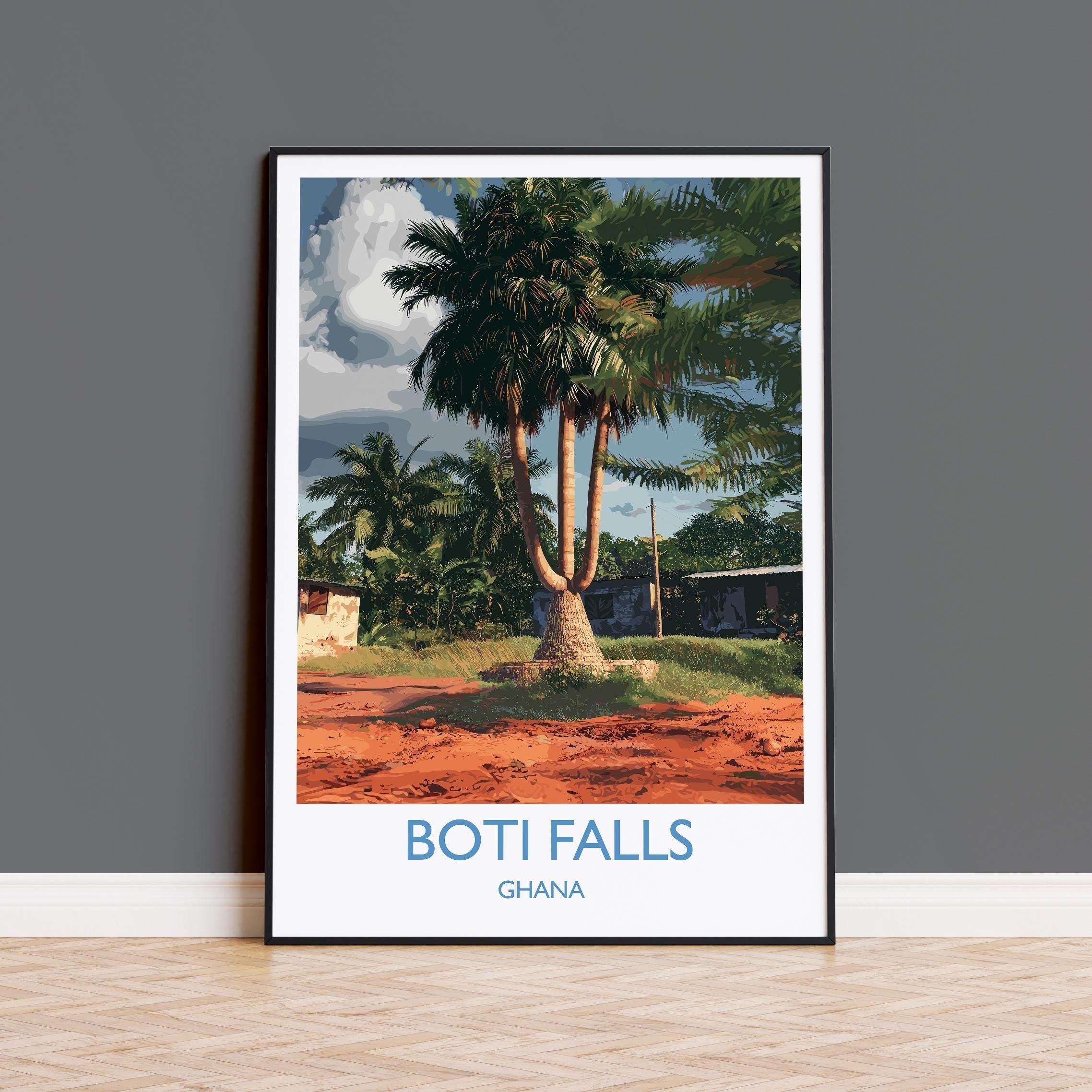 Boti Falls Print, Travel Poster of Boti Falls, Three headed Palm Tree, Ghana, Africa Art Lovers Travel Gift NQ Media Designs