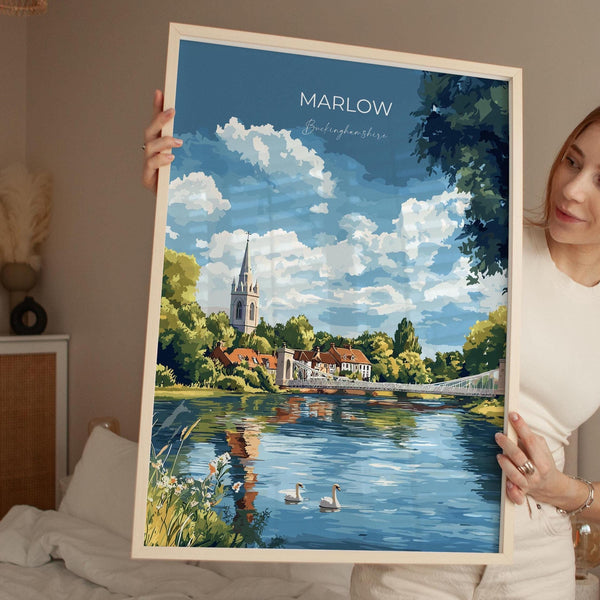 Marlow Travel Print Wall Art, Travel Poster of Marlow, England, Buckinghamshire Art Lovers Gift, Travel Art Gift