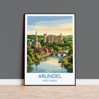 Arundel Castle Travel Poster, Arundel Cathedral River View Wall Art, West Sussex Print, Historic Town Illustration, Vintage Style UK Decor
