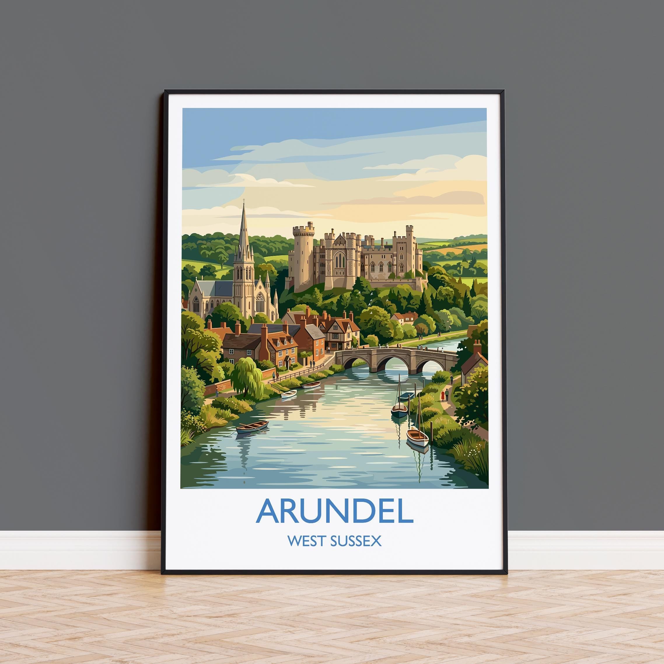 Arundel Castle Travel Poster, Arundel Cathedral River View Wall Art, West Sussex Print, Historic Town Illustration, Vintage Style UK Decor
