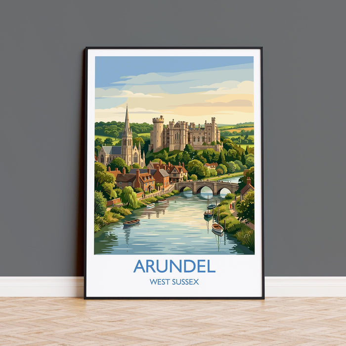 Arundel Castle Travel Poster, Arundel Cathedral River View Wall Art, West Sussex Print, Historic Town Illustration, Vintage Style UK Decor
