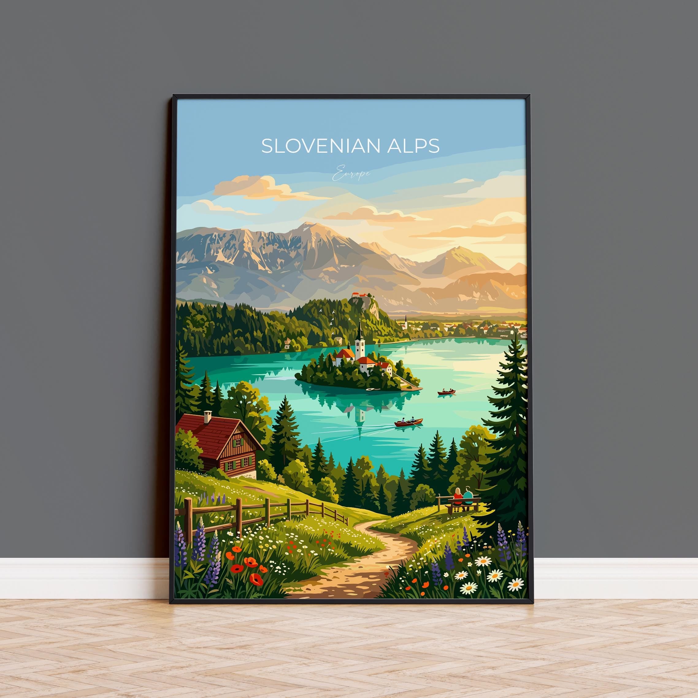 Slovenian Alps Travel Print, Lake Bled Wall Art, Julian Alps Landscape Poster, Bled Island Church Illustration, Vintage Europe Decor