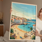 Cascais Portugal Travel Print, Portuguese Coast Wall Art, Seaside Town Poster, Atlantic Ocean Landscape Illustration, Europe Decor