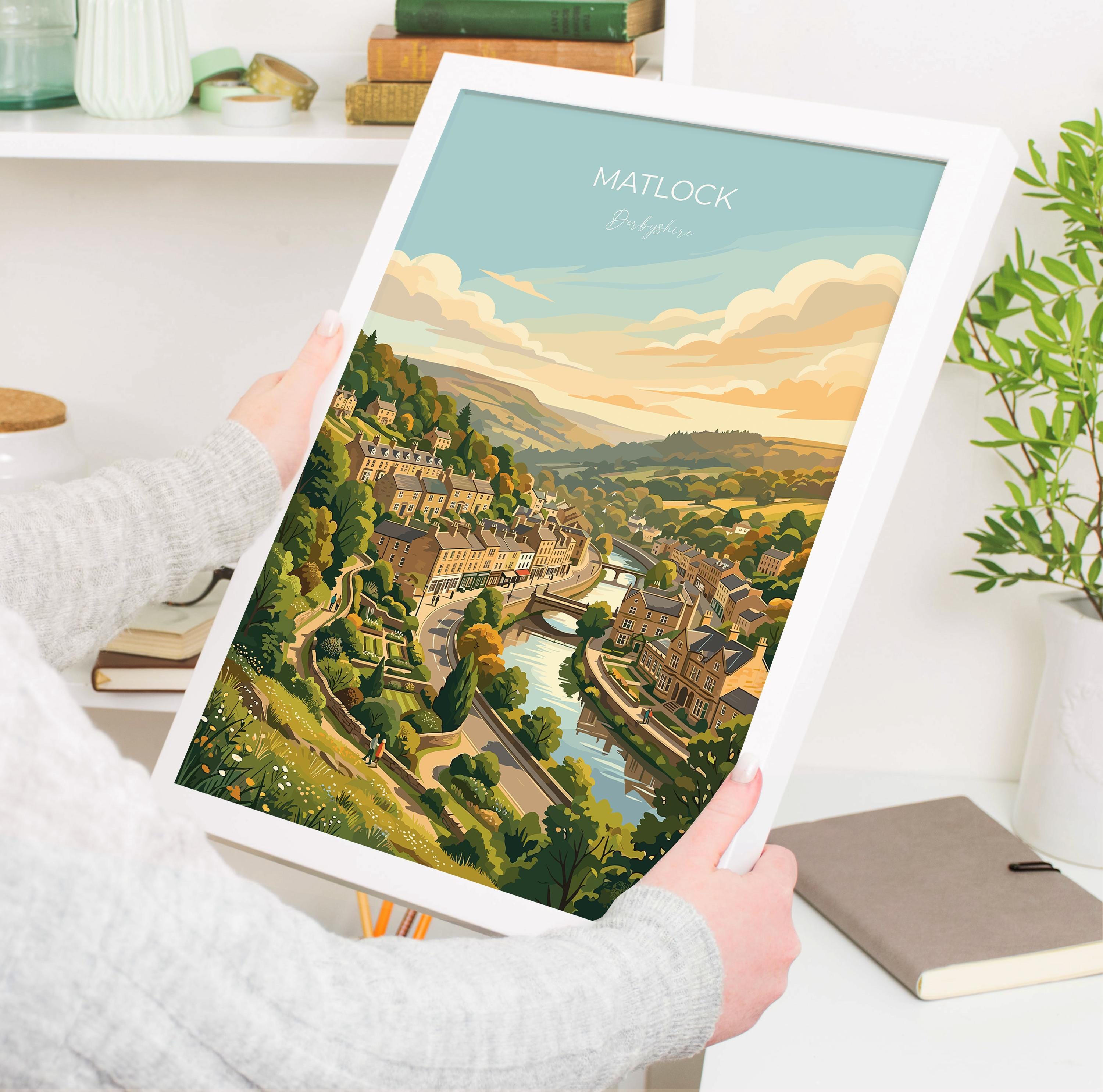 Matlock Derbyshire Travel Print, Peak District Wall Art, River Derwent Town Poster, Historic Market Town Art, Vintage Style UK Decor