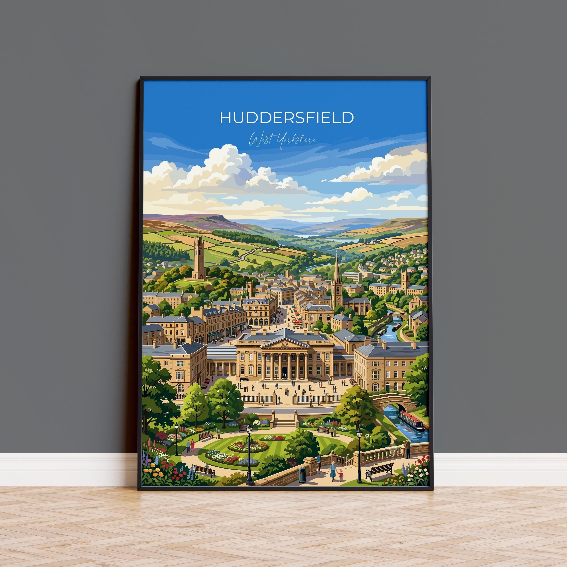 Huddersfield West Yorkshire Travel Print, Victoria Tower Wall Art, Historic Town Poster, Castle Hill Illustration, Vintage Style UK Decor