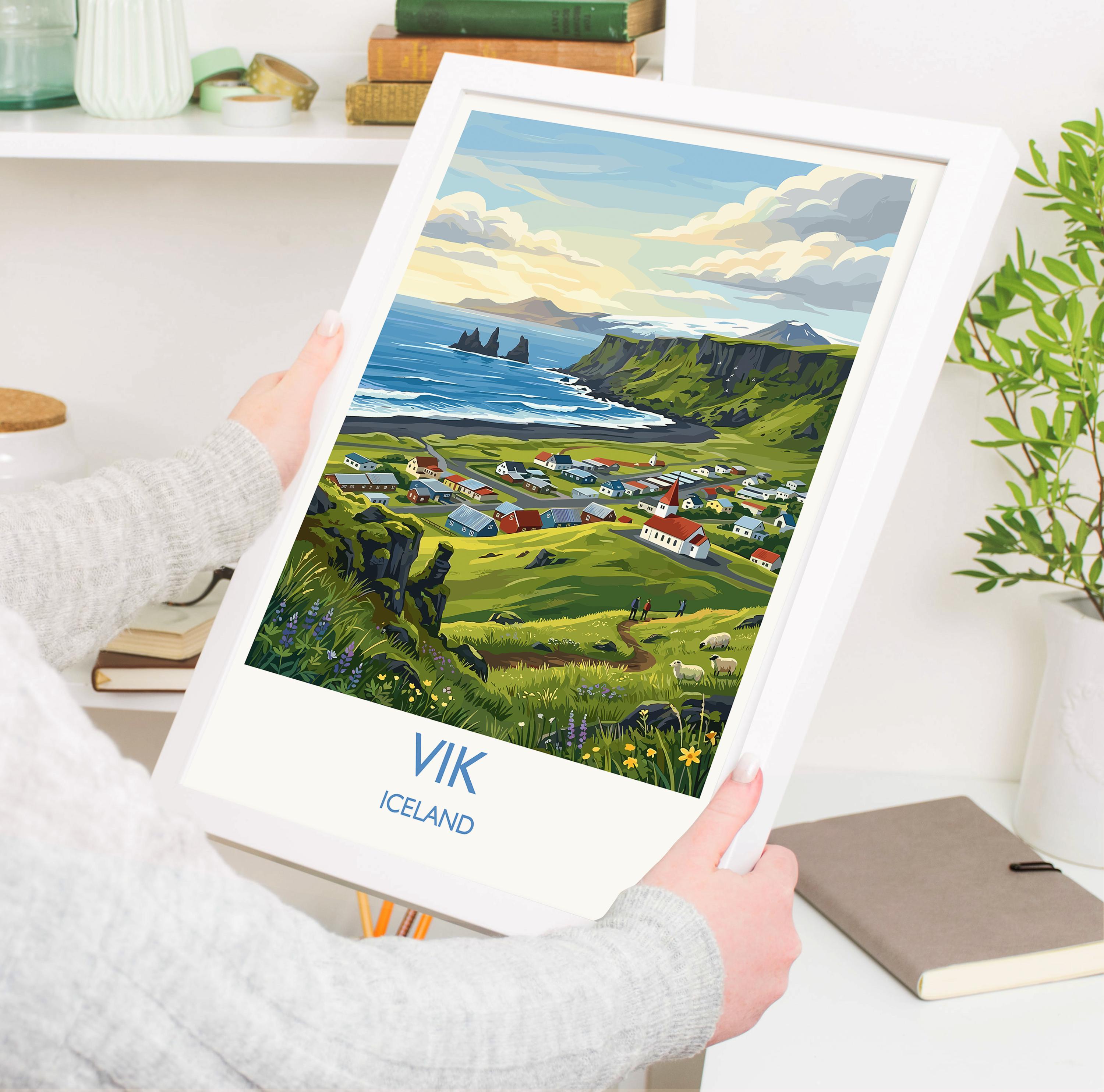 Vík Iceland Travel Poster, Reynisfjara Black Sand Beach Wall Art, Vik Village Print, Iceland Coastal Landscape, Vintage Style Nordic Decor