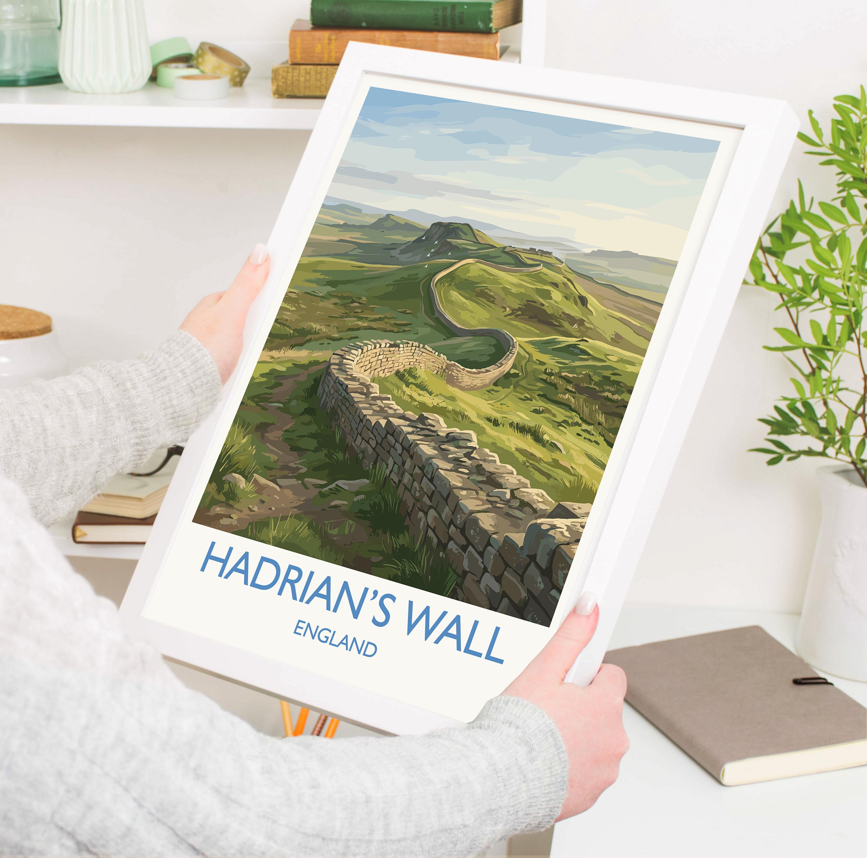 Hadrians Wall Travel Poster, Northumberland Wall Art, Roman Britain Landscape Print, Historic UK Heritage Illustration, England Decor