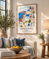 Santorini Greece Watercolour Print, Oia Sunset Wall Art, Blue Dome Church Poster, Aegean Sea Print, Greek Island Watercolour