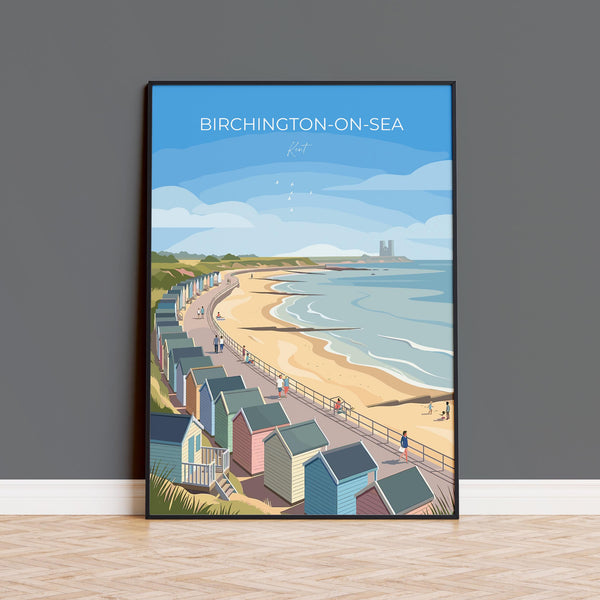Birchington on Sea Travel Poster, Reculver Towers Beach Huts Wall Art, Kent Coast Print, Seaside Landscape Illustration, UK Coastal Decor