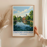 Stratford upon Avon Travel Poster, River Avon Wall Art, Royal Shakespeare Theatre Print, Holy Trinity Church Illustration, UK Decor