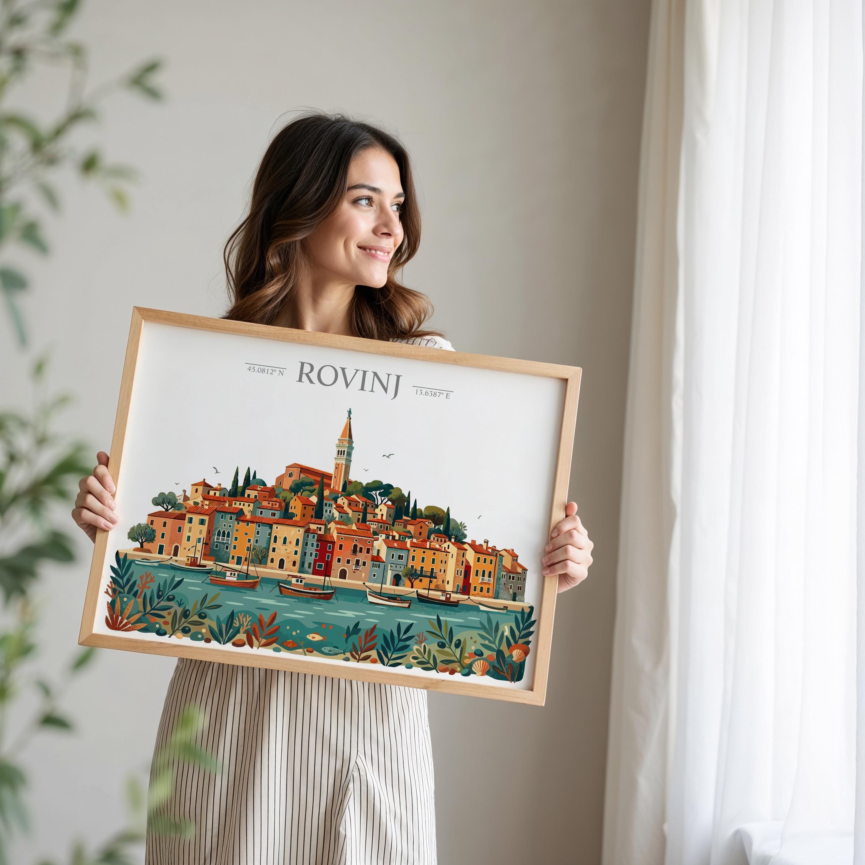 Rovinj Croatia Travel Poster, Rovinj Skyline Wall Art, Adriatic Coastal Print, Historic Old Town Illustration, Vintage Style Europe Decor