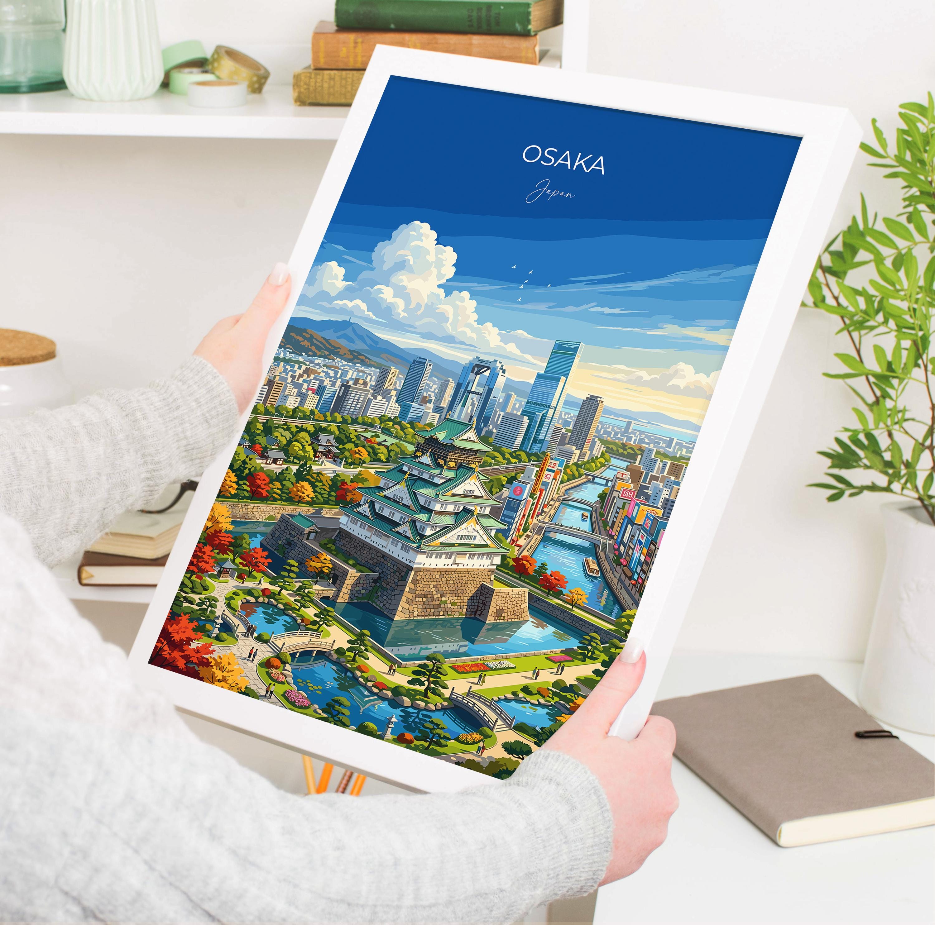 Osaka Japan Travel Print, Osaka Castle Wall Art, Dotonbori Skyline Poster, Japanese City Illustration, Vintage Style Japan Decor