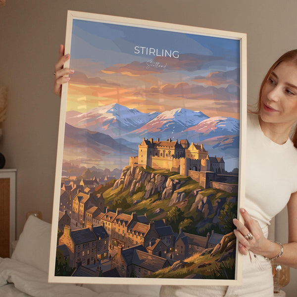 Stirling Castle Scotland Travel Print, Scottish Highlands Wall Art, Stirling Sunset Landscape Poster, Historic Castle Illustration, UK Decor