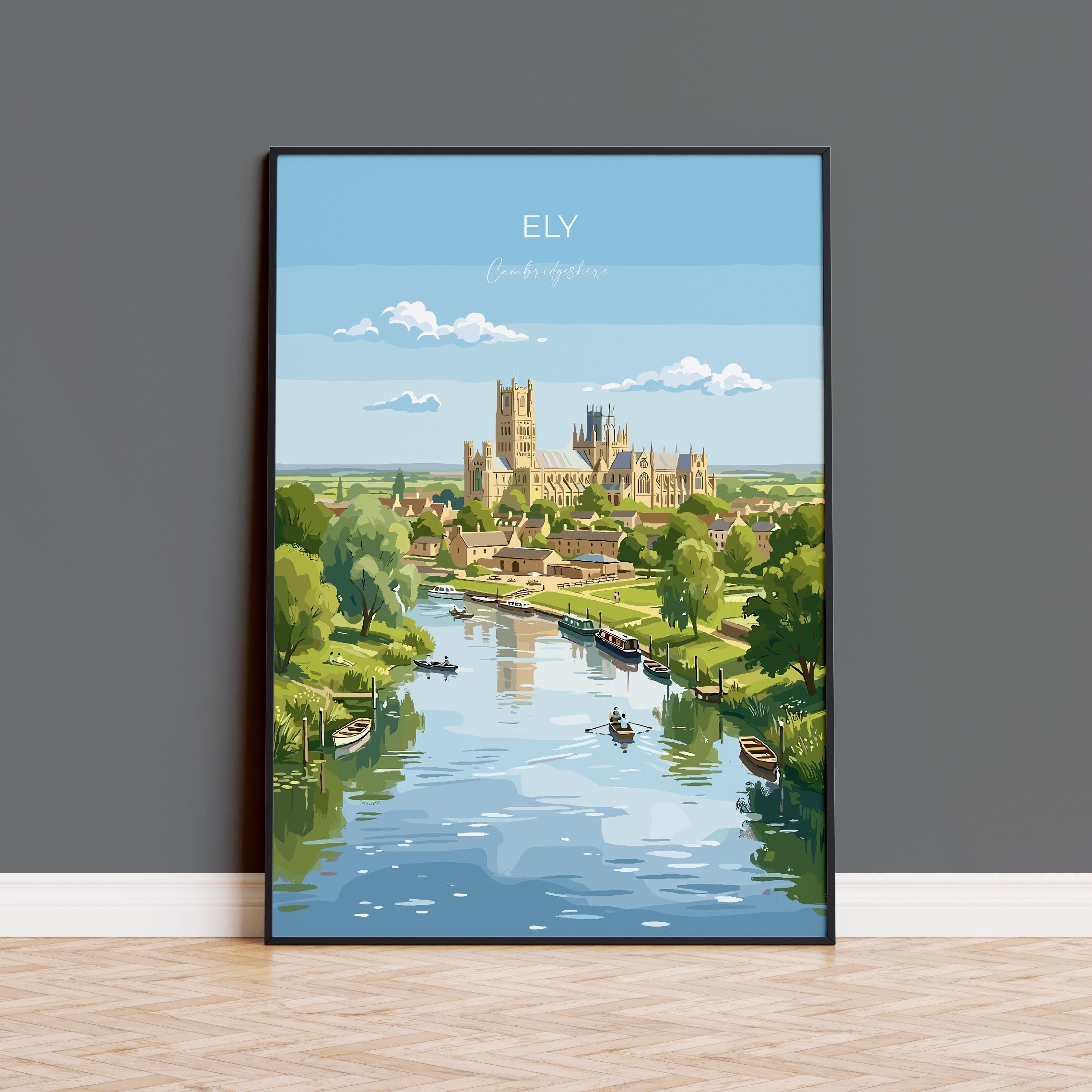 Ely Cathedral Travel Poster, Ely Cambridgeshire Wall Art, Historic England City Print, Gothic Cathedral Illustration, UK Decor, Ely Gift