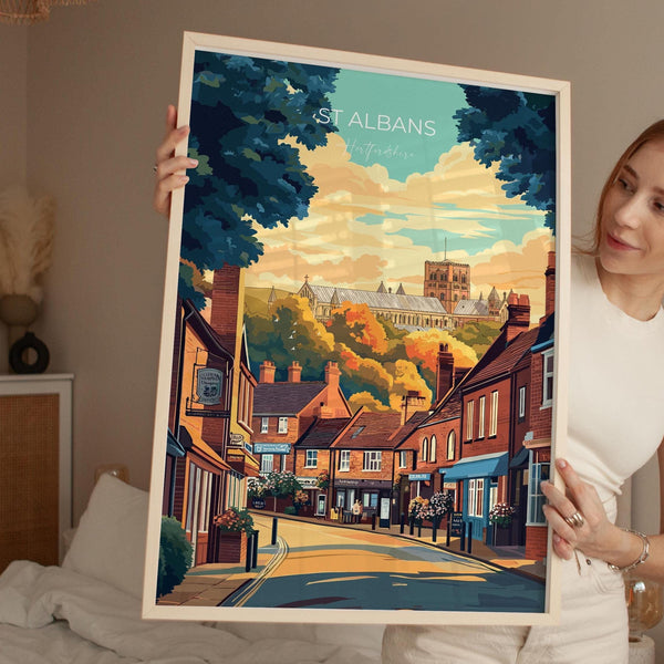 St Albans Travel Print Wall Art, Travel Poster of St Albans, Hertfordshire, England, English Cathedral City Gift