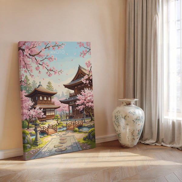 Kyoto Japan Travel Print, Cherry Blossom Temple Wall Art, Japanese Landscape Poster, Sakura Illustration, Asia Decor, Kyoto Gift