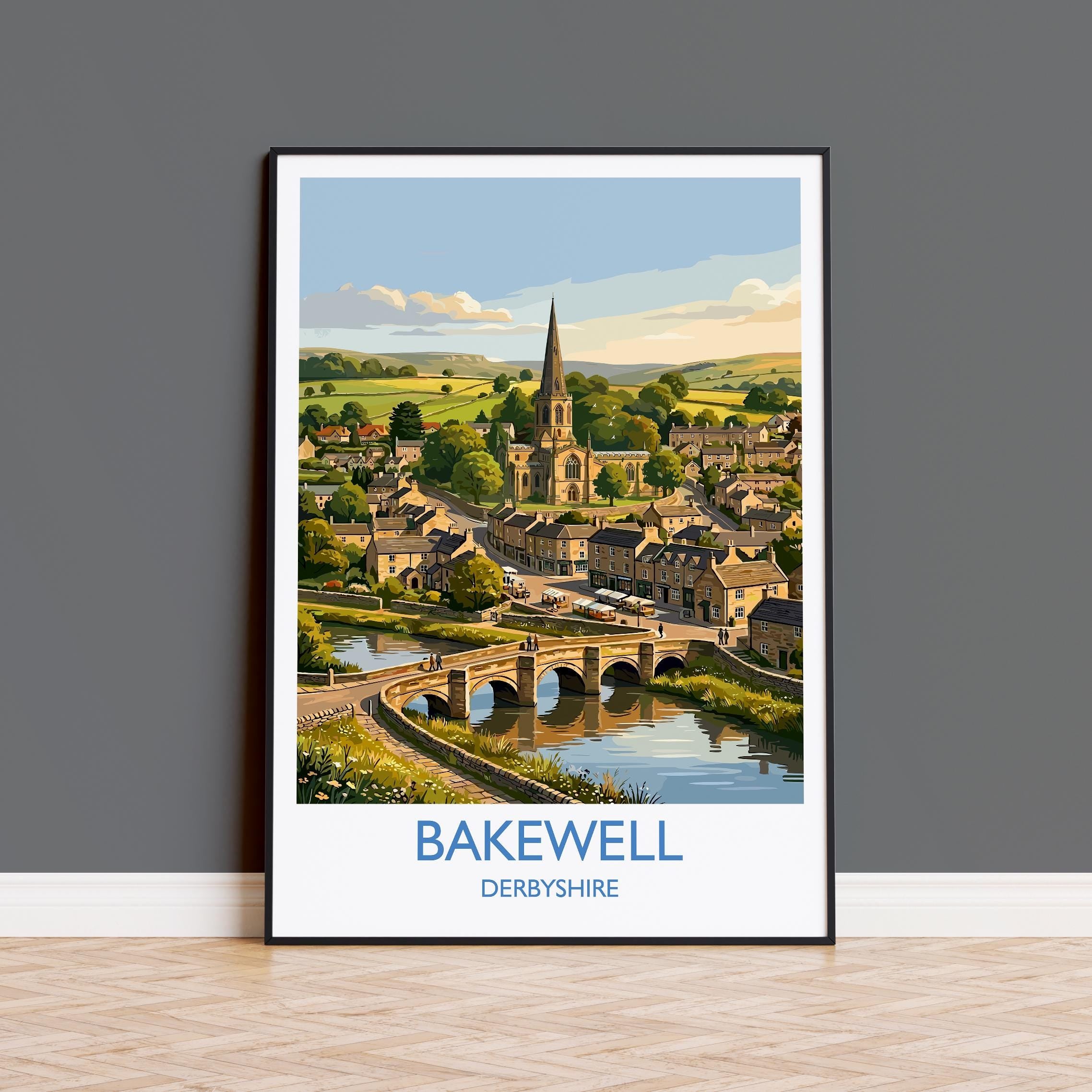 Bakewell Derbyshire Travel Poster, Peak District Wall Art, River Wye Town Print, Historic Market Town Illustration, Vintage Style UK Decor