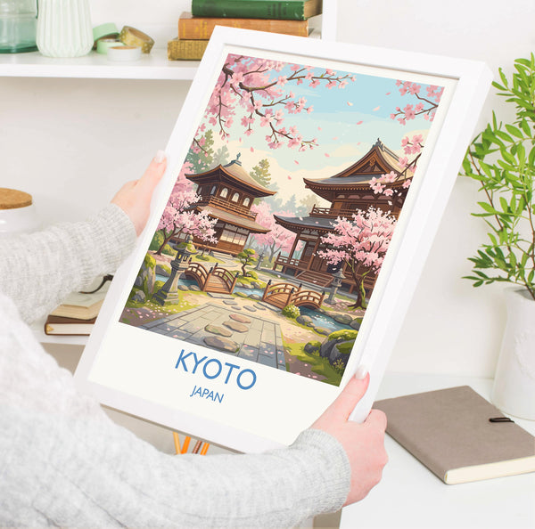 Kyoto Japan Travel Poster, Cherry Blossom Temple Wall Art, Japanese Landscape Print, Sakura Illustration, Asia Decor, Kyoto Gift