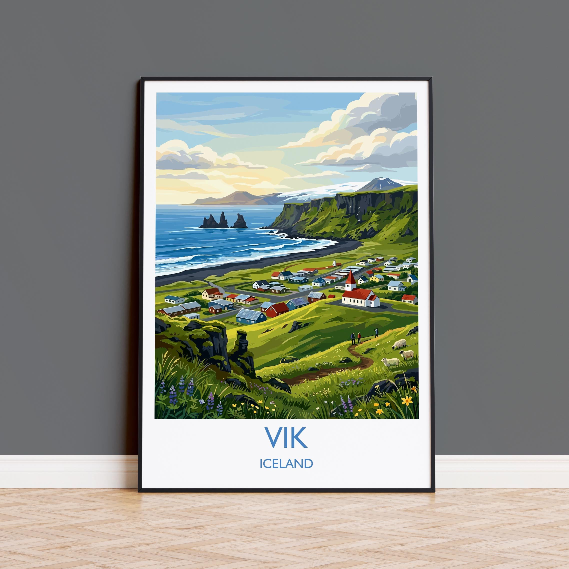 Vík Iceland Travel Poster, Reynisfjara Black Sand Beach Wall Art, Vik Village Print, Iceland Coastal Landscape, Vintage Style Nordic Decor