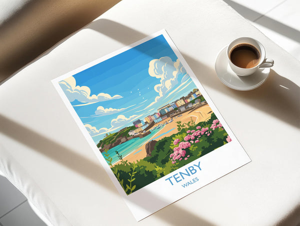 Tenby Travel Poster Wall Art, Tenby Travel Print, Wales, Pembrokeshire Coast Art Gift, Welsh Wall Art Print
