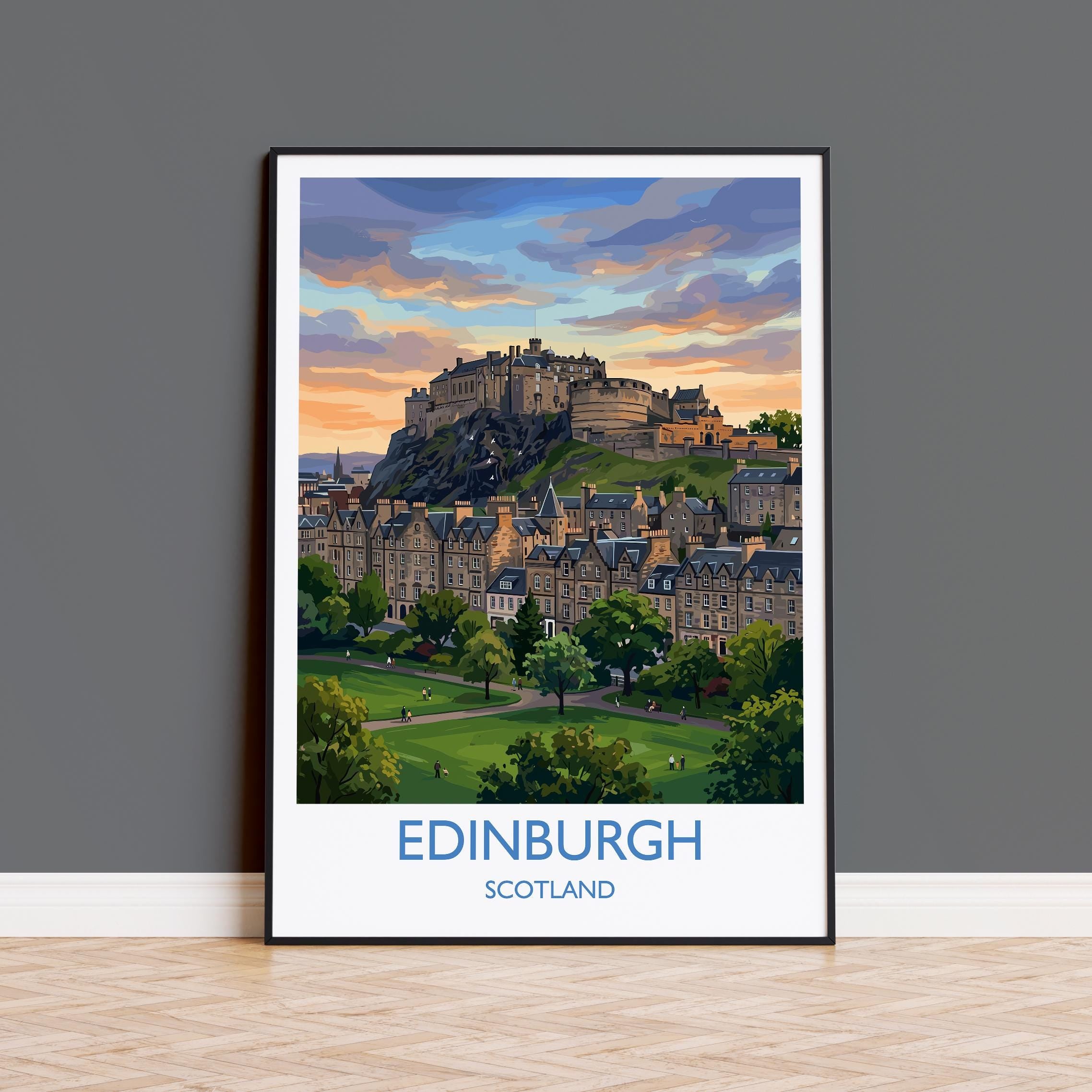 Edinburgh Castle Travel Poster, Princes Street Gardens Wall Art, Edinburgh City Print, Scotland Skyline Illustration, Vintage Style UK Decor