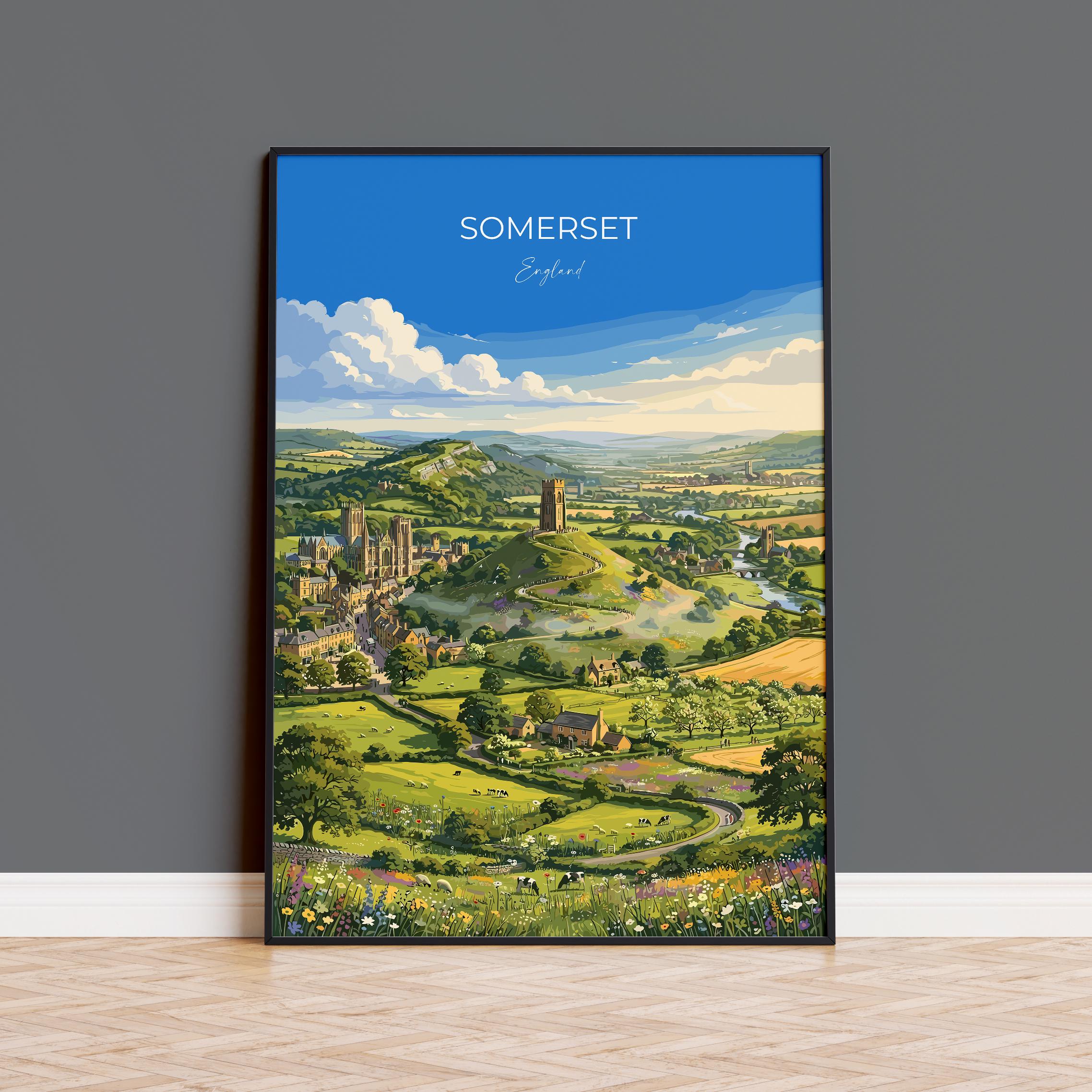 Somerset England Travel Print, Somerset Countryside Wall Art, Cheddar Gorge Poster, Wells Cathedral Illustration, Vintage Style UK Decor