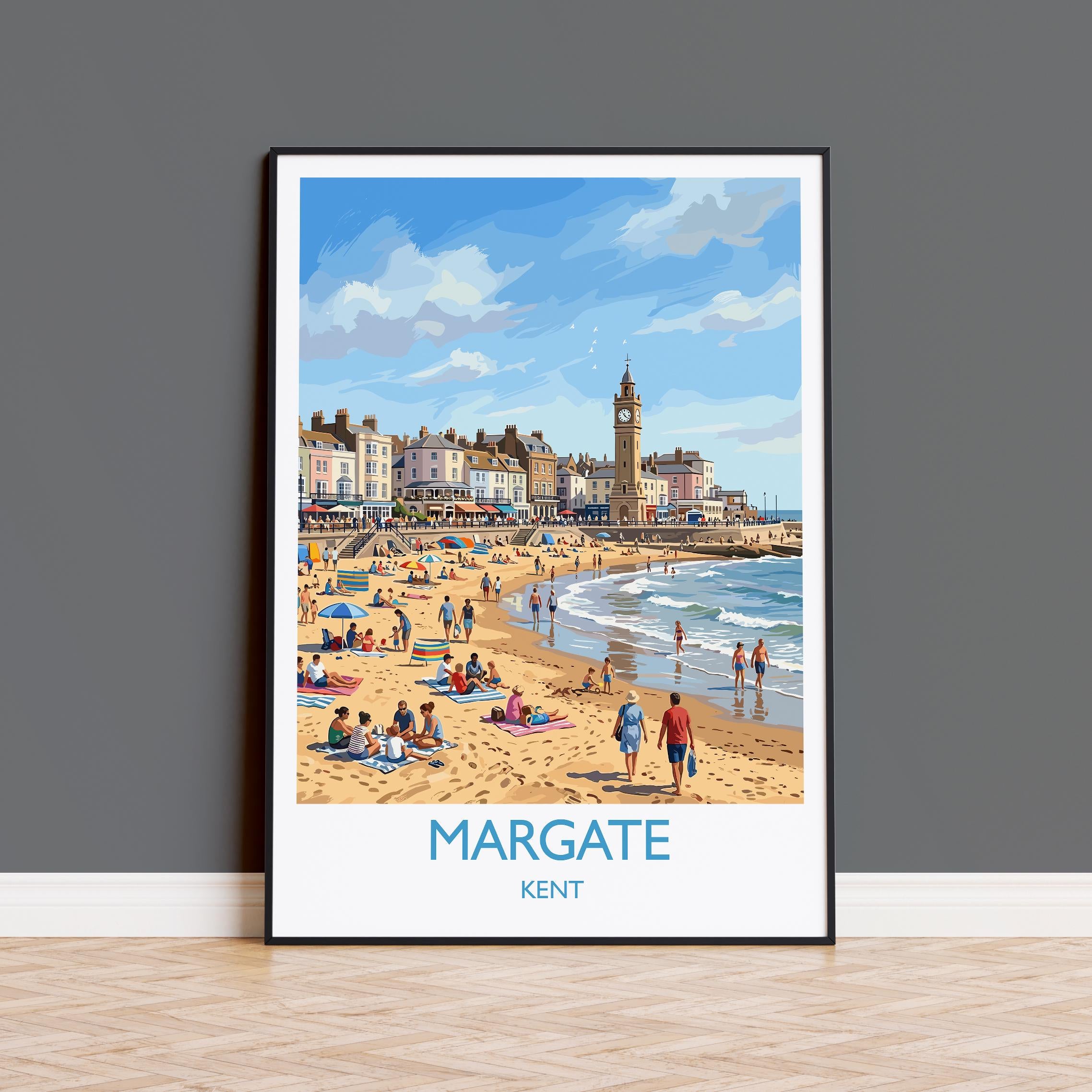 Margate Travel Poster, Margate Beach Clock Tower Wall Art, Kent Seaside Print, Promenade Illustration, Vintage Style UK Coastal Decor