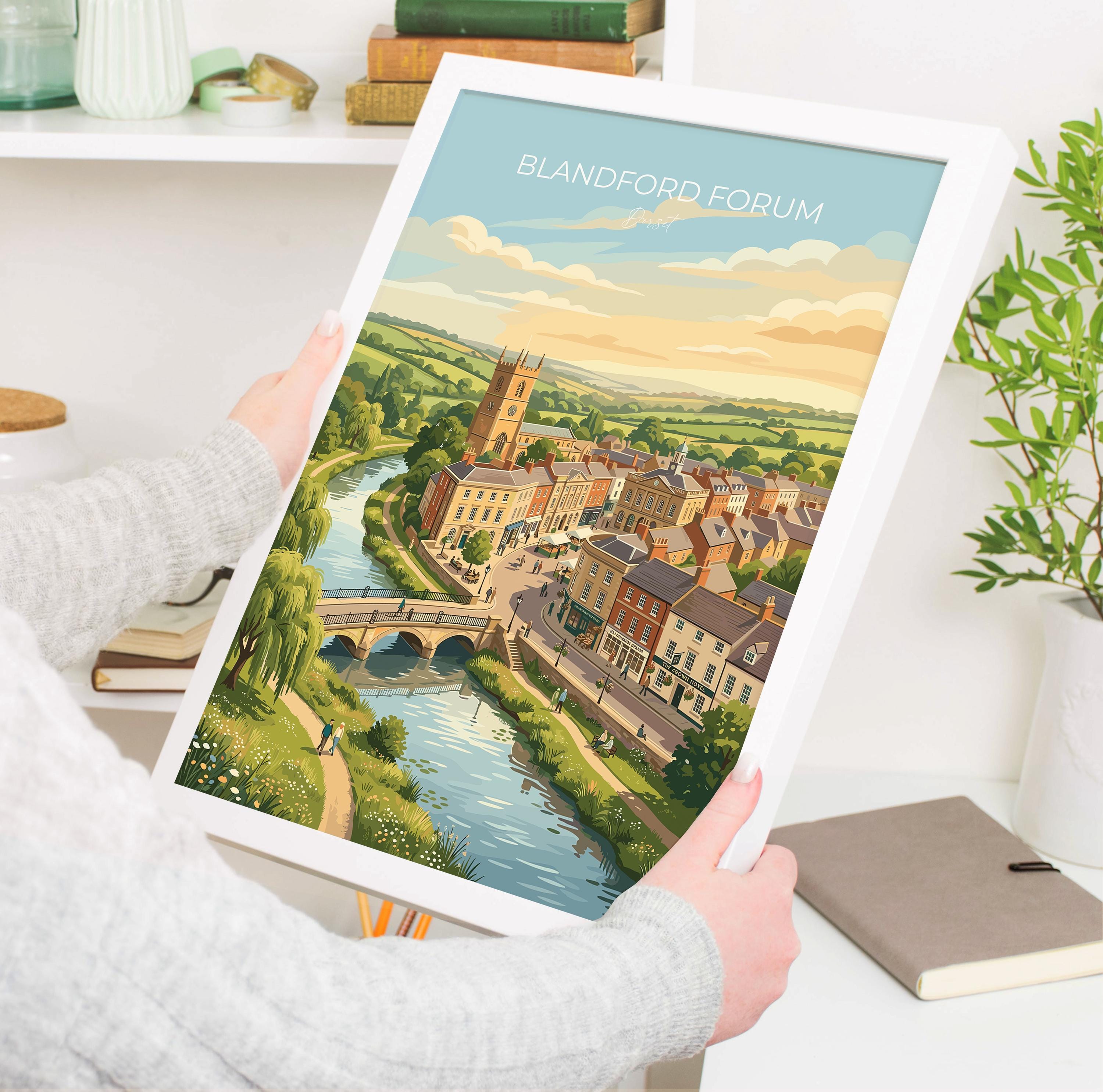 Blandford Forum Dorset Poster, Georgian Market Town Wall Art, River Stour Travel Print, English Countryside Decor, Dorset Gift