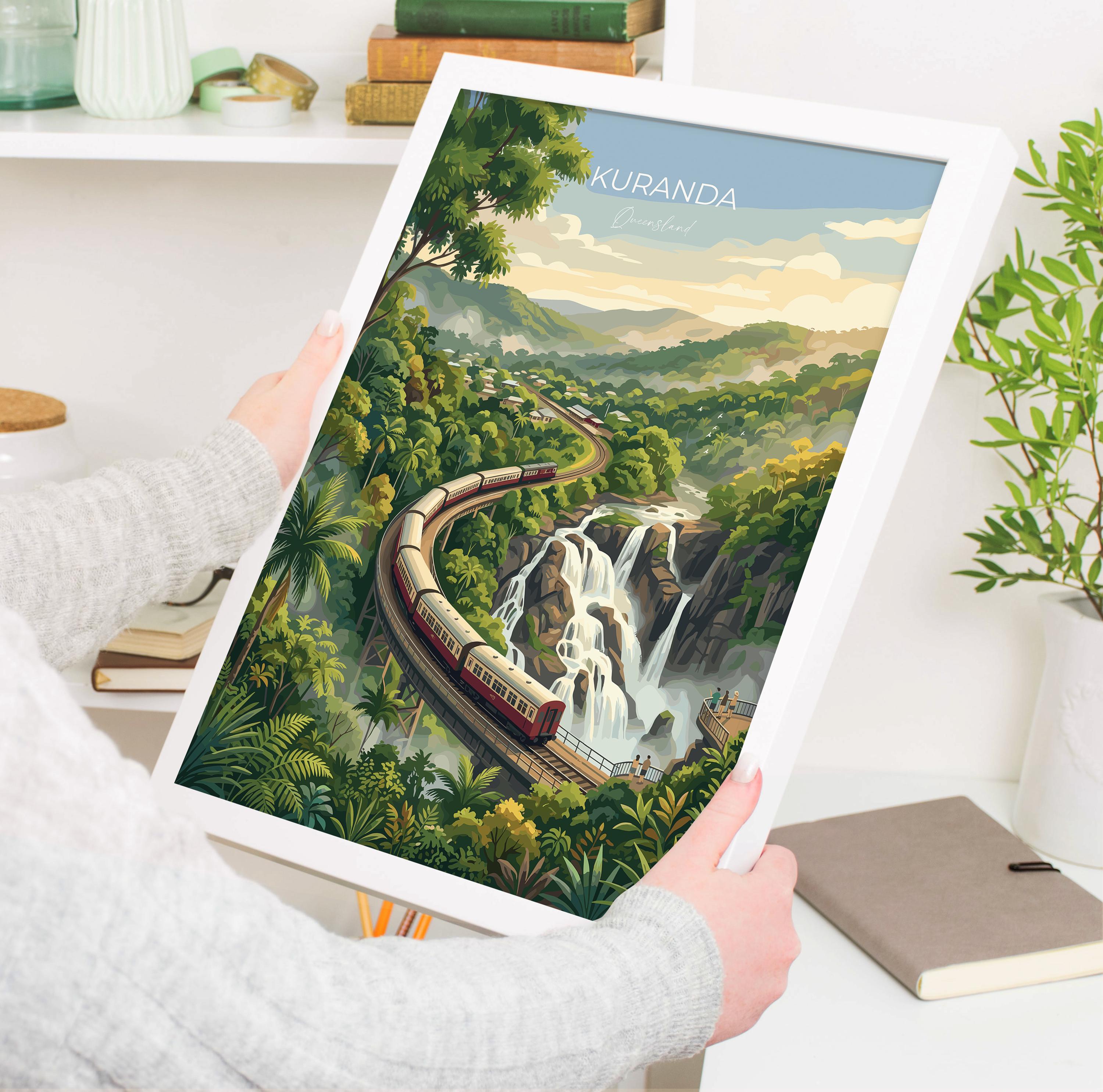 Kuranda Australia Travel Print, Kuranda Scenic Railway Wall Art, Queensland Rainforest Waterfall Poster, Tropical Vintage Style Decor