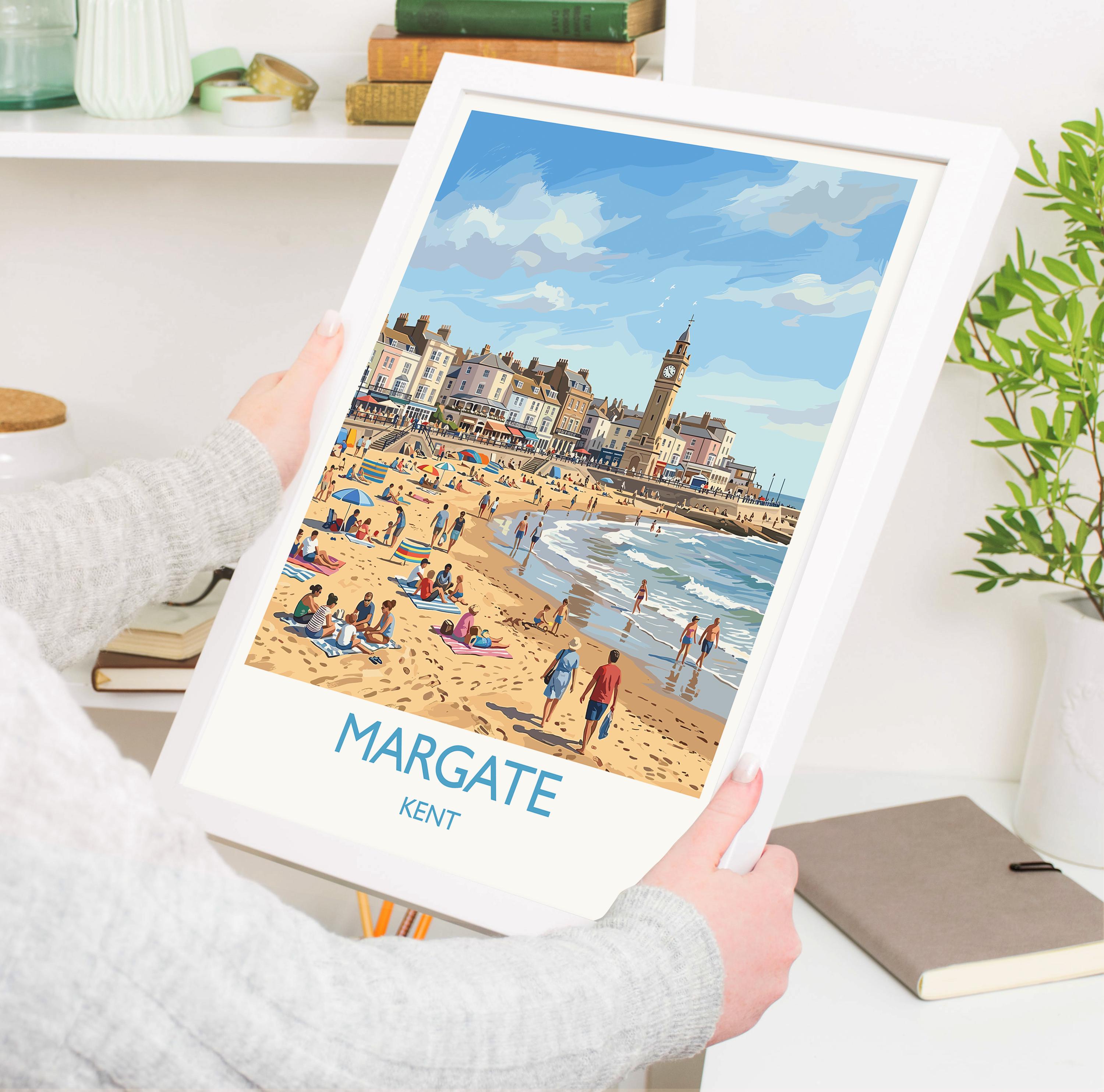 Margate Travel Poster, Margate Beach Clock Tower Wall Art, Kent Seaside Print, Promenade Illustration, Vintage Style UK Coastal Decor