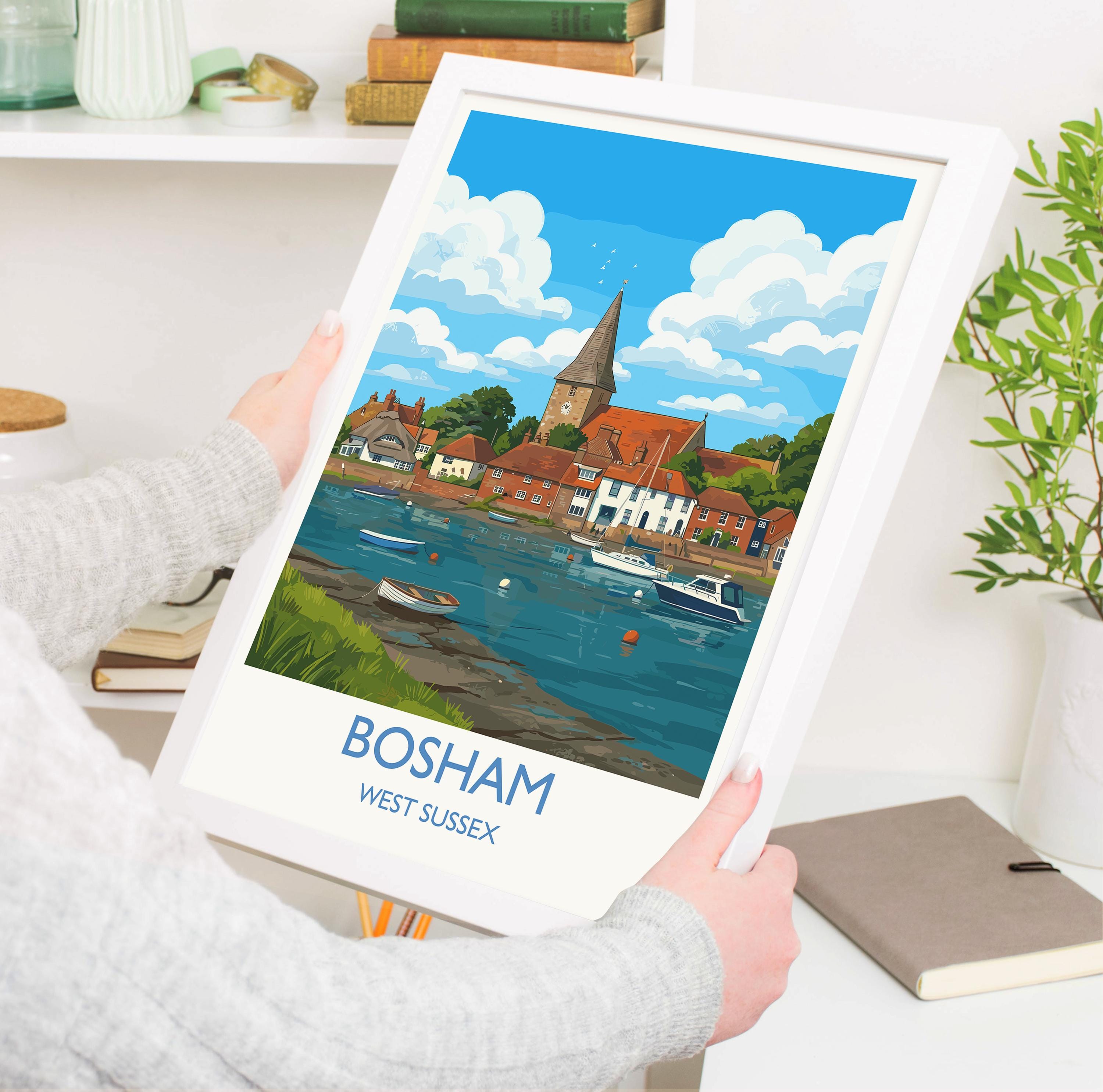 Bosham West Sussex Travel Poster, Bosham Harbour Wall Art, Holy Trinity Church Print, Coastal Village Illustration, Vintage Style UK Decor