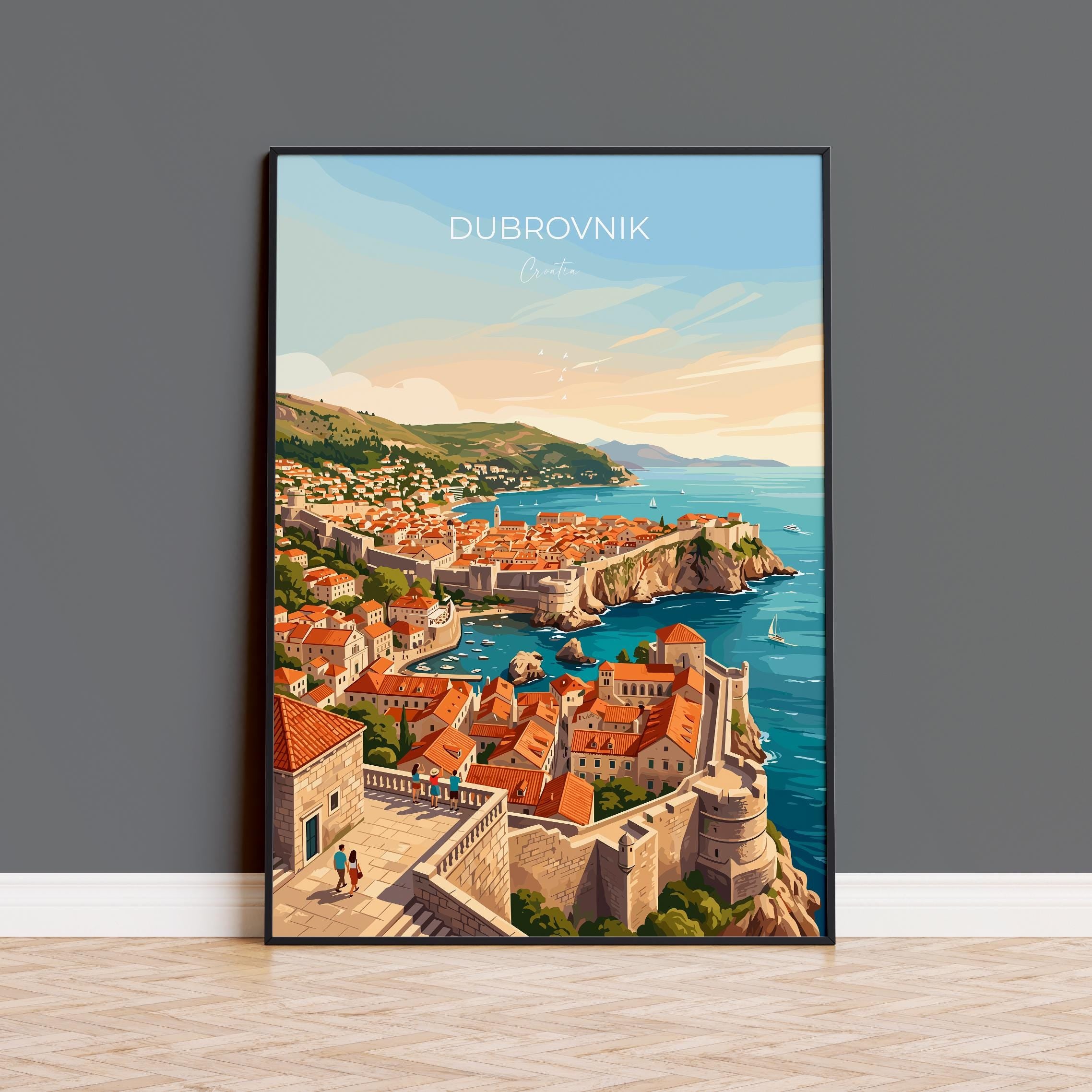 Dubrovnik Croatia Travel Print, Old Town Wall Art, Adriatic Coast Poster, Historic City Walls Illustration, Vintage Style Europe Decor